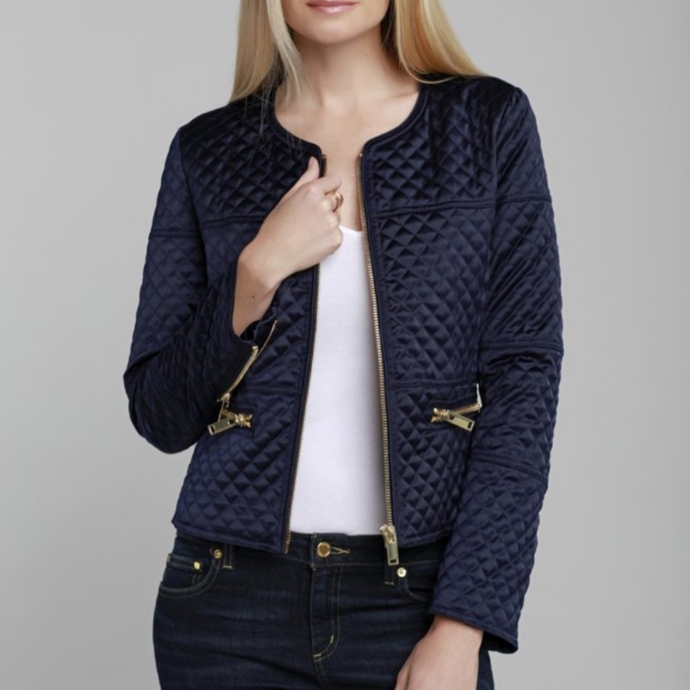 Dolce Cabo Navy Blue Quilted Zip Front Jacket Gold Hardware 71679 Womens XS